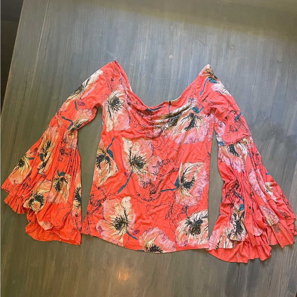 We The Free Floral Bell Sleeve Top in Coral and Black